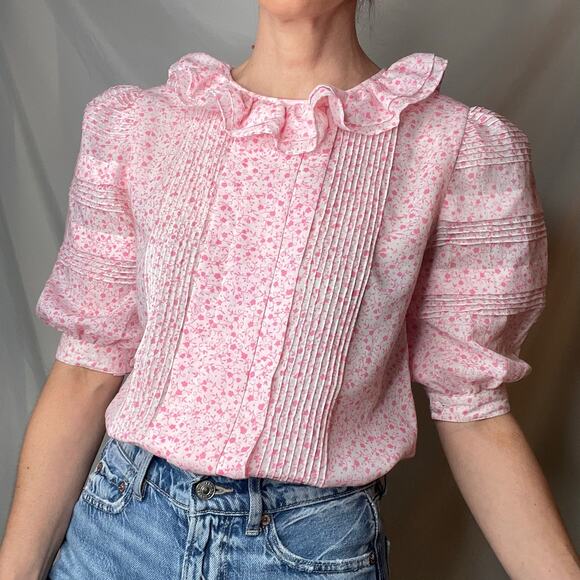 Vintage ruffle neck floral heart print blouse short puff sleeve pink pleated‎ S - Picture 14 of 17